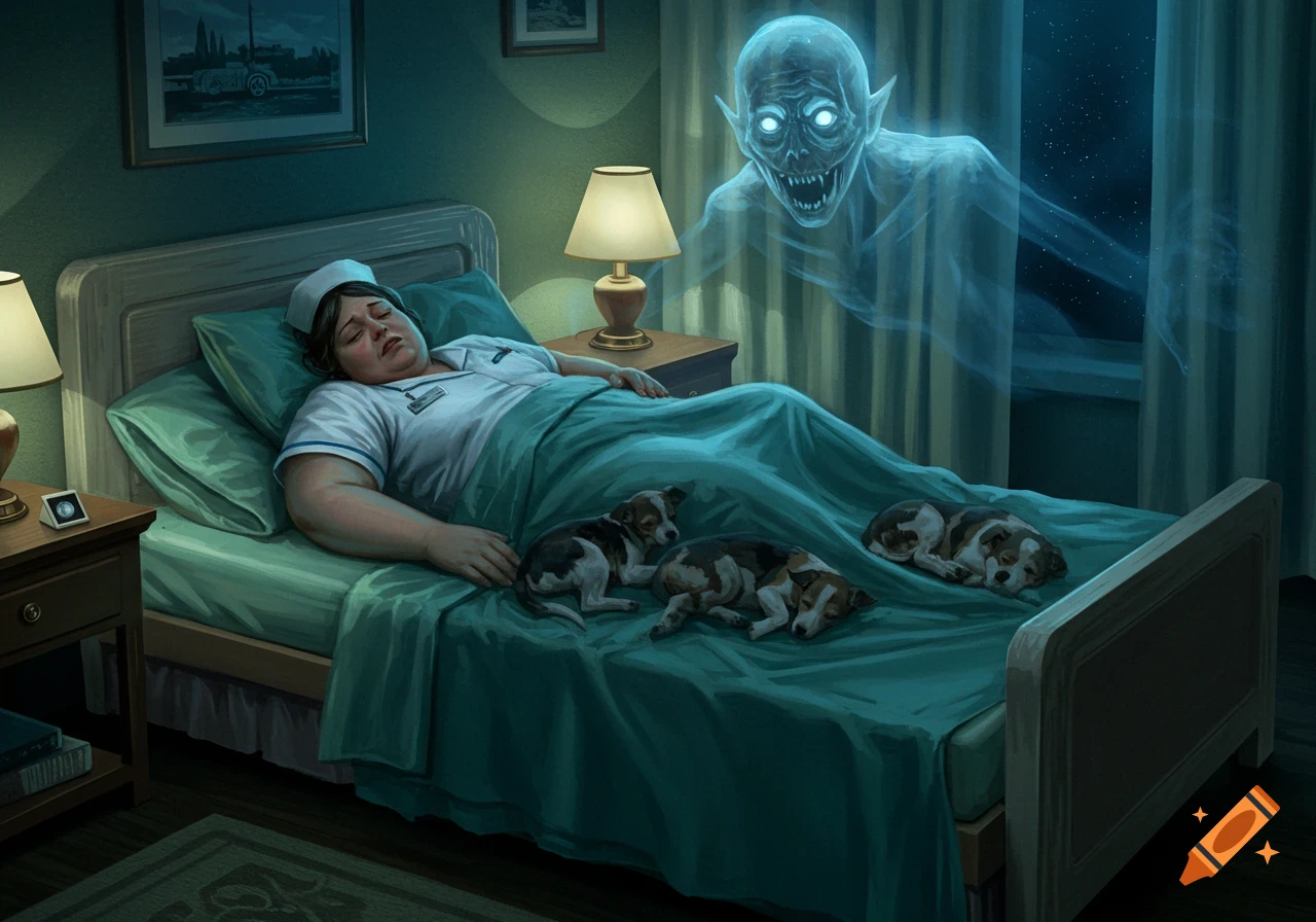 An overweight nurse sleeps in a dark bedroom with three small dogs, while a ghostly, menacing sleep paralysis demon floats by the window.