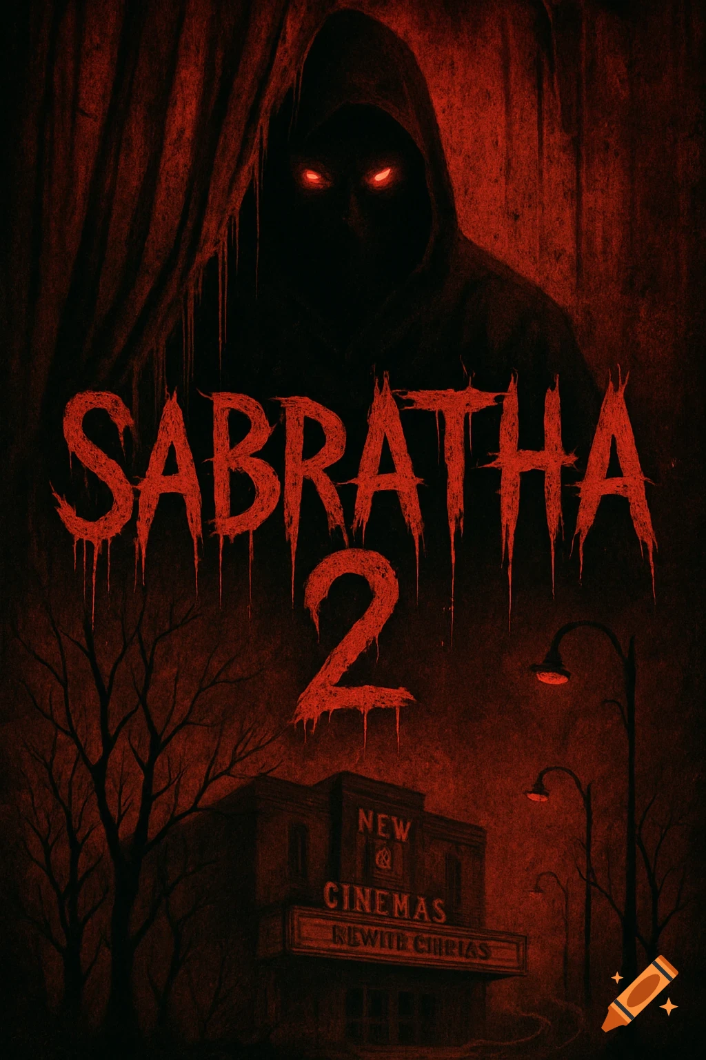 Dark red horror movie poster for 'SABRATHA 2' featuring a hooded figure with glowing red eyes above a cinema building.