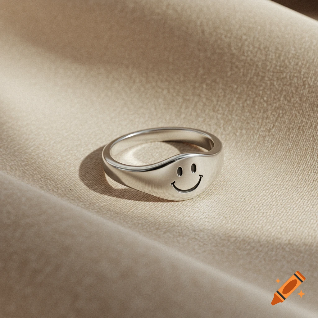 A shiny silver ring with a simple engraved smiley face rests on a beige fabric with soft shadows.