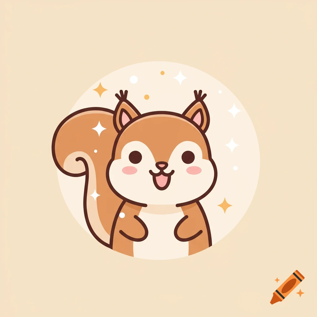 A cute, smiling cartoon squirrel with sparkles in a round, pastel-colored, minimal vector style.