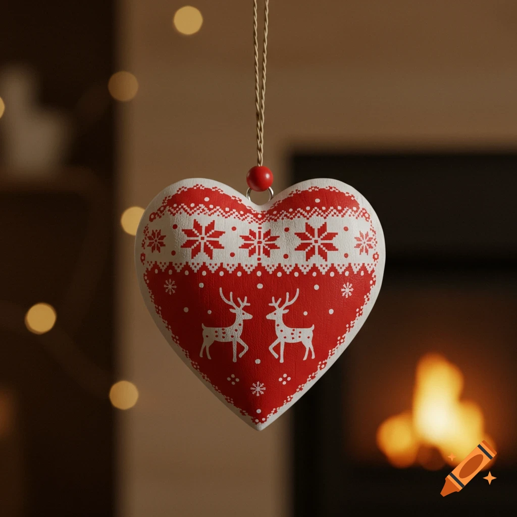 A red and white heart-shaped Scandinavian Christmas ornament with snowflake and reindeer patterns, hanging against a blurred background with warm lights.