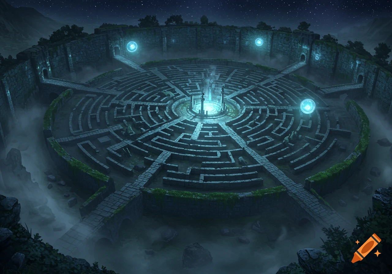 An aerial view of an ancient, circular stone labyrinth with glowing blue orbs and a central light source under a starry night sky, shrouded in mist.