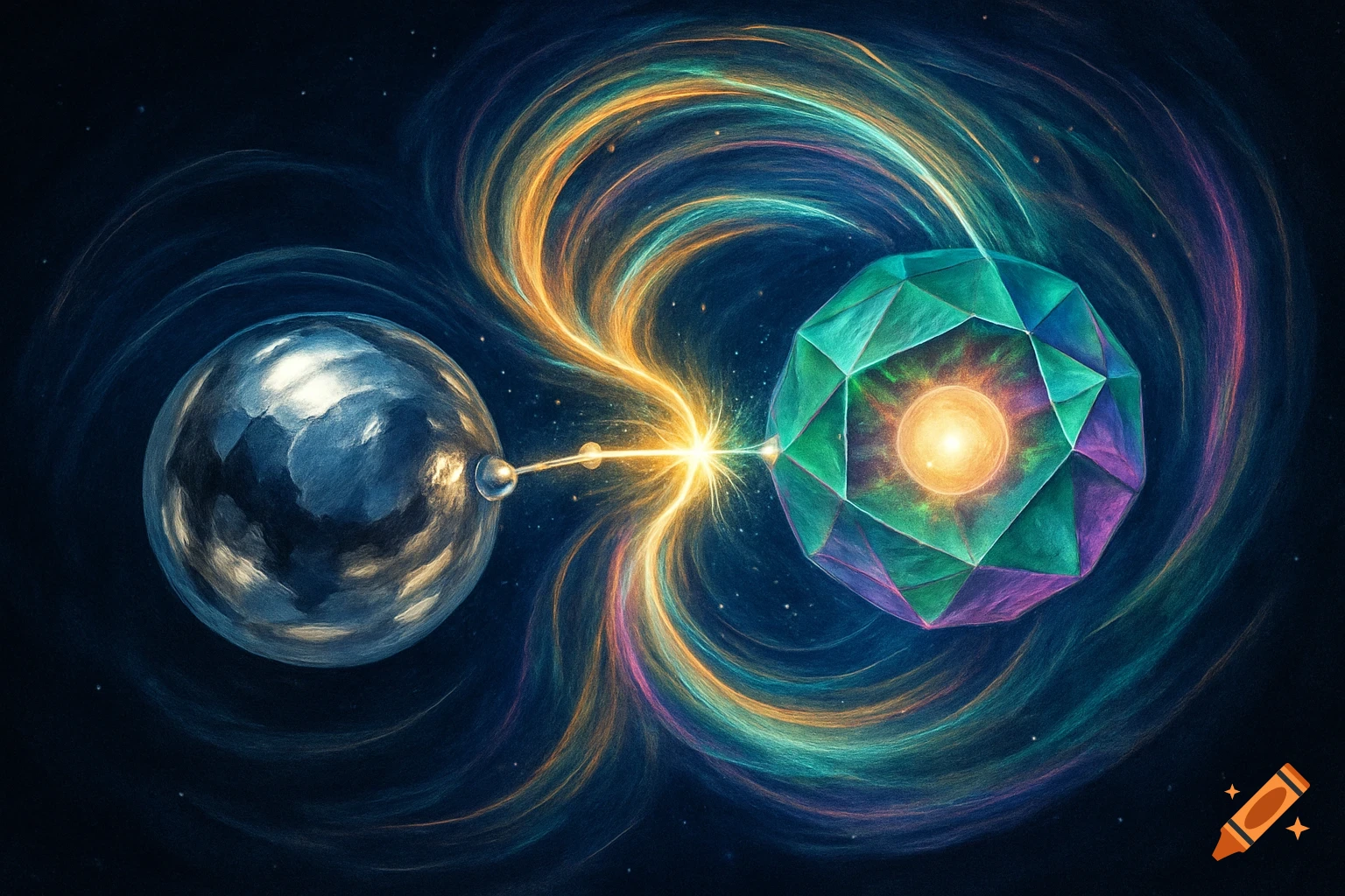 Abstract depiction of two spherical elements connected by a bright energy beam, surrounded by colorful swirling nebulae.