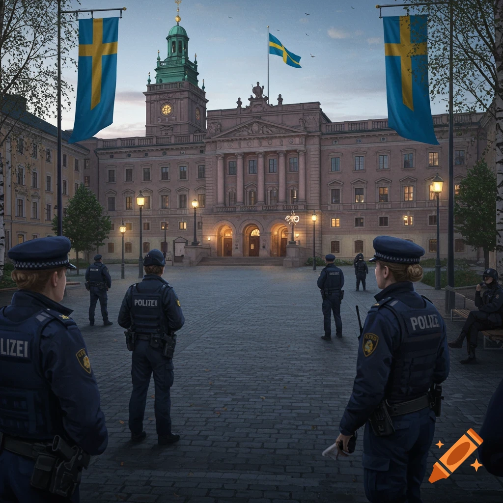 Photorealistic image of police officers in a large cobblestone square in front of a grand government building with Swedish flags.