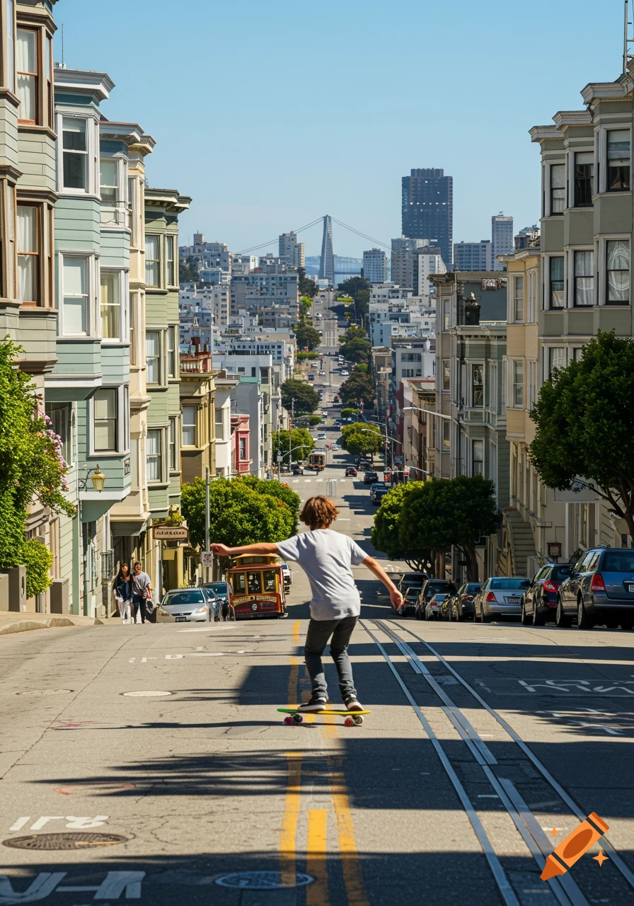 A teenager skateboards down a steep San Francisco street lined with colorful Victorian houses, a cable car and the Bay Bridge in the distance.