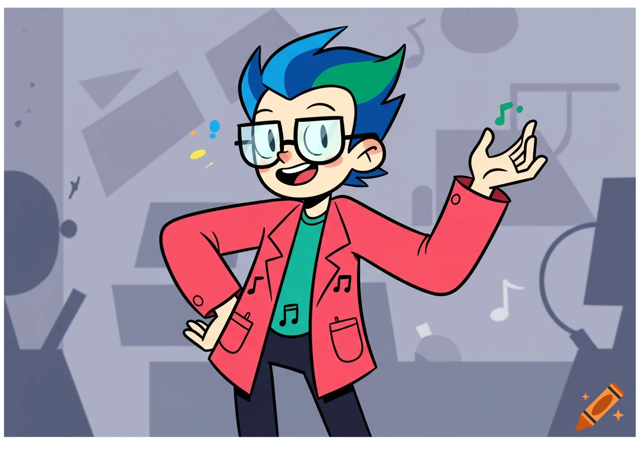 Cartoon boy with blue-green hair, glasses, and a red jacket with musical notes, smiling and gesturing.