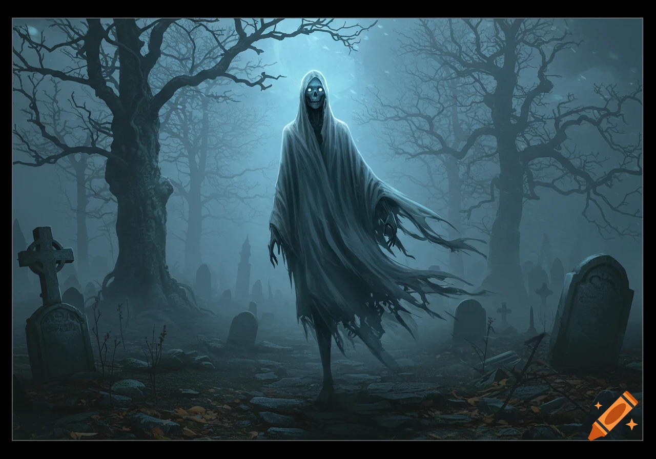 A glowing spectral ghost with a skeletal face and tattered robes stands in a misty graveyard with bare trees and tombstones, dark fantasy art.