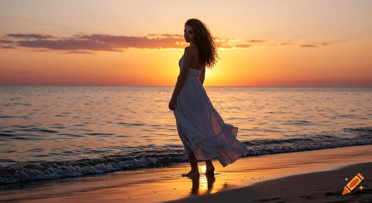 A young woman in a white dress stands on a serene beach at sunset, looking back over her shoulder as golden light reflects on the calm water.