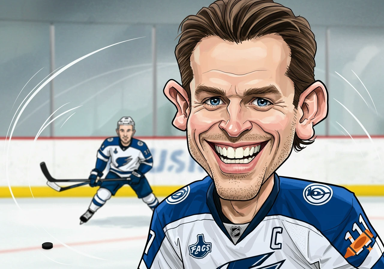 Cheerful caricature of a male hockey player in a blue and white jersey on an ice rink, smiling broadly.