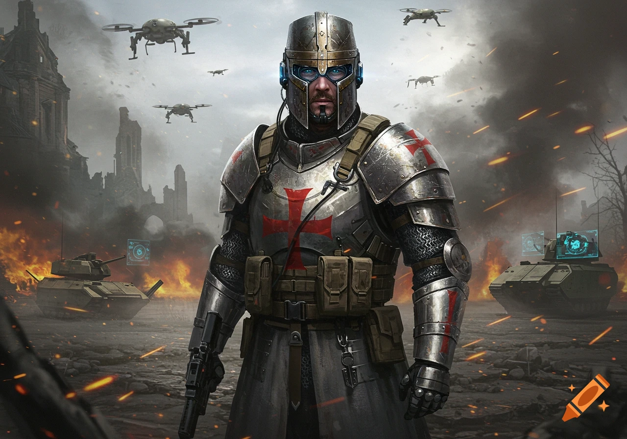 A futuristic crusader in modern armor stands in a destroyed, burning city with tanks and drones.