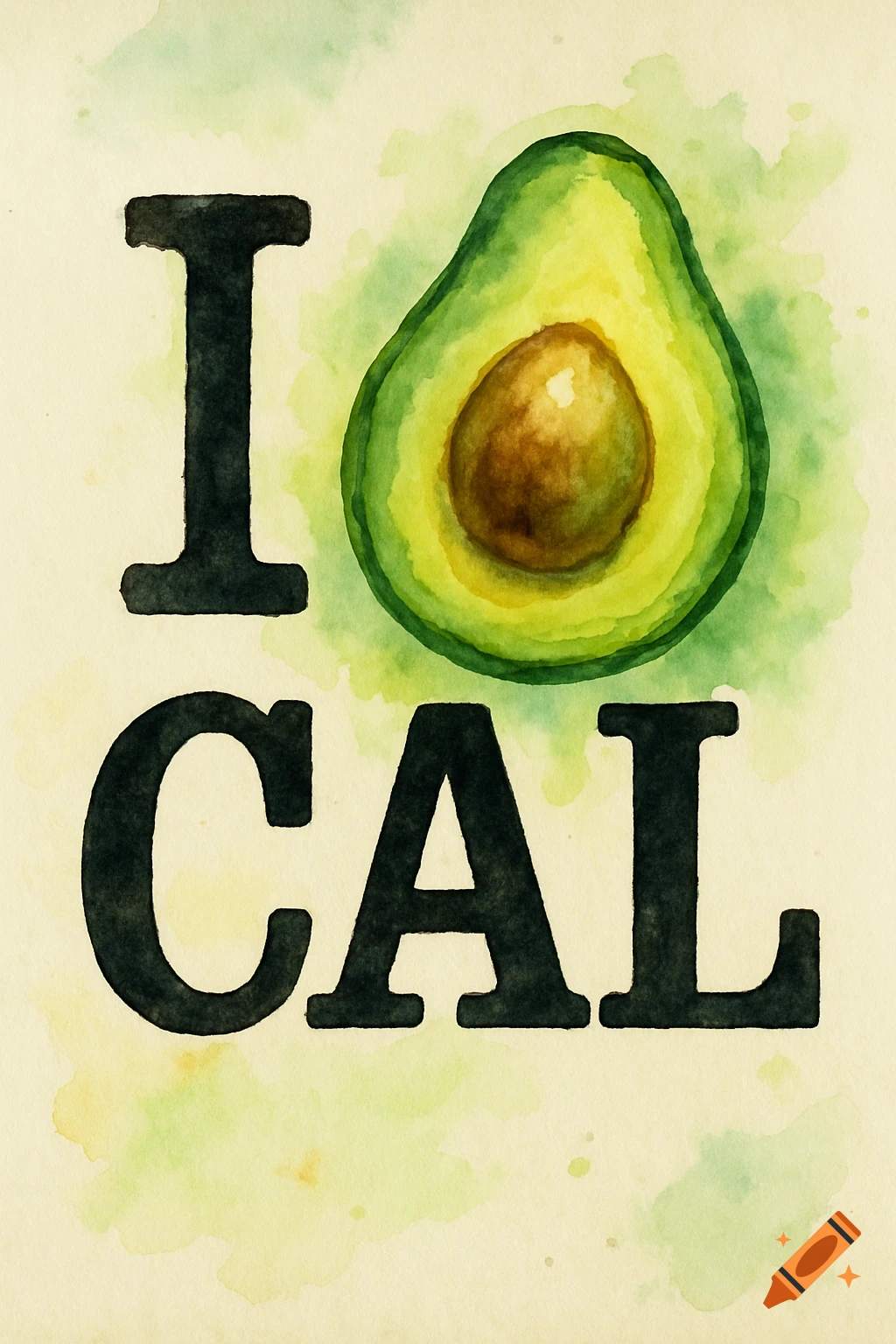Watercolor illustration of 'I' followed by a green avocado, then 'CAL', on a light background.