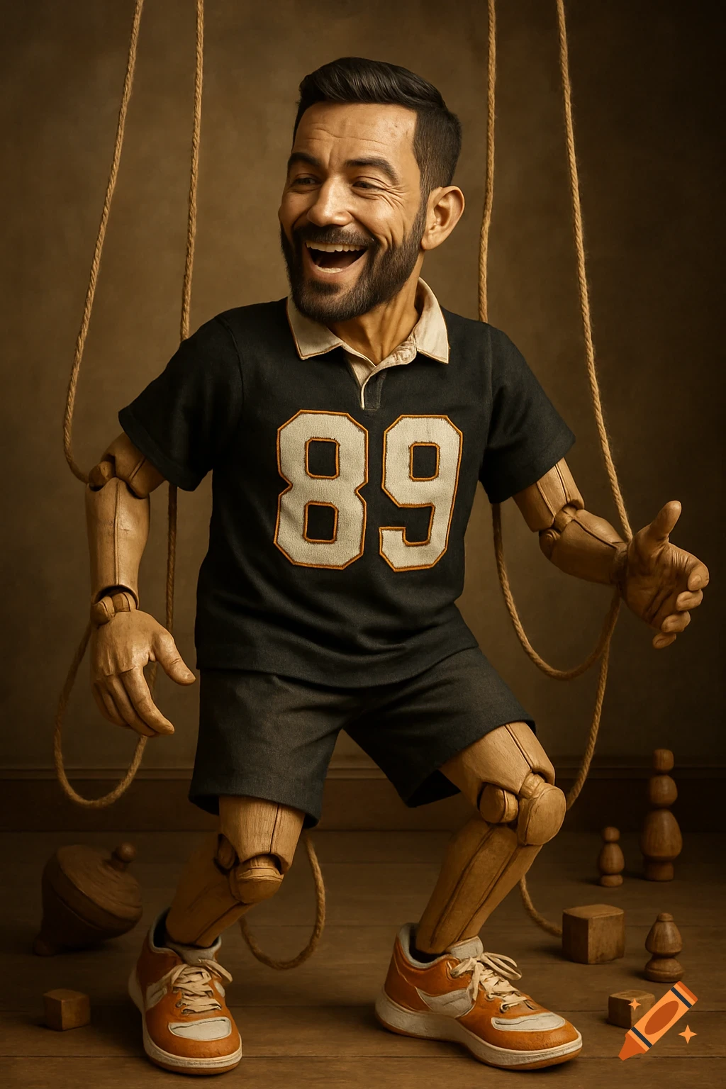 Photorealistic puppet-like man in a black '89' rugby shirt, shorts, and orange sneakers, laughing amidst vintage wooden toys.