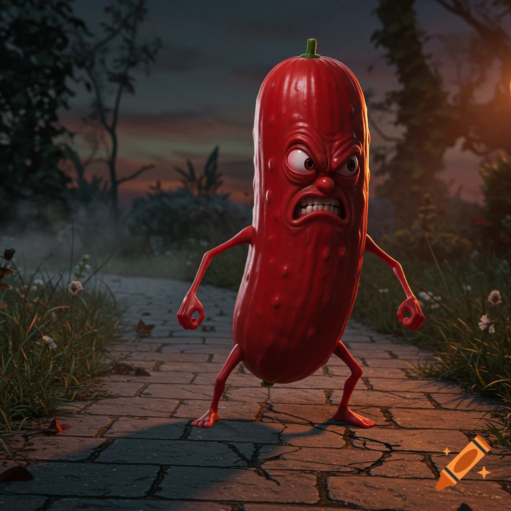 A very angry, red, anthropomorphic cucumber with arms and legs creeps along a stone path in a dark, stylized outdoor setting.