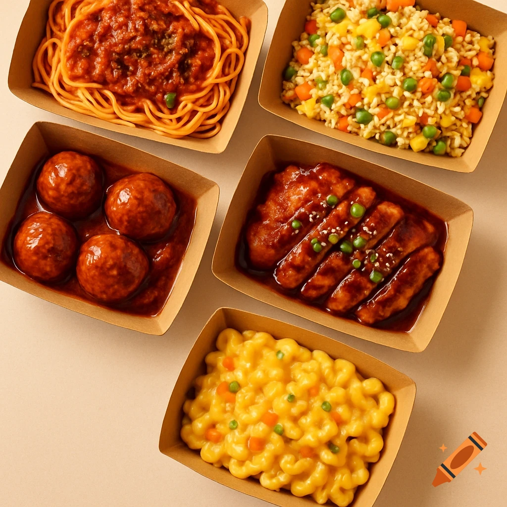 Five open lunch boxes filled with spaghetti bolognese, fried rice, meatballs, teriyaki chicken, and mac and cheese.