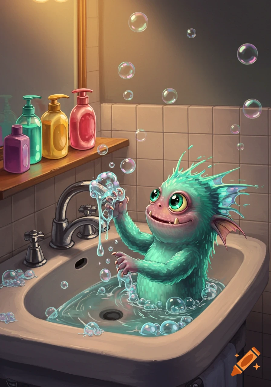 A cute green monster with fins joyfully plays in a sudsy bathroom sink, surrounded by bubbles and soap bottles.