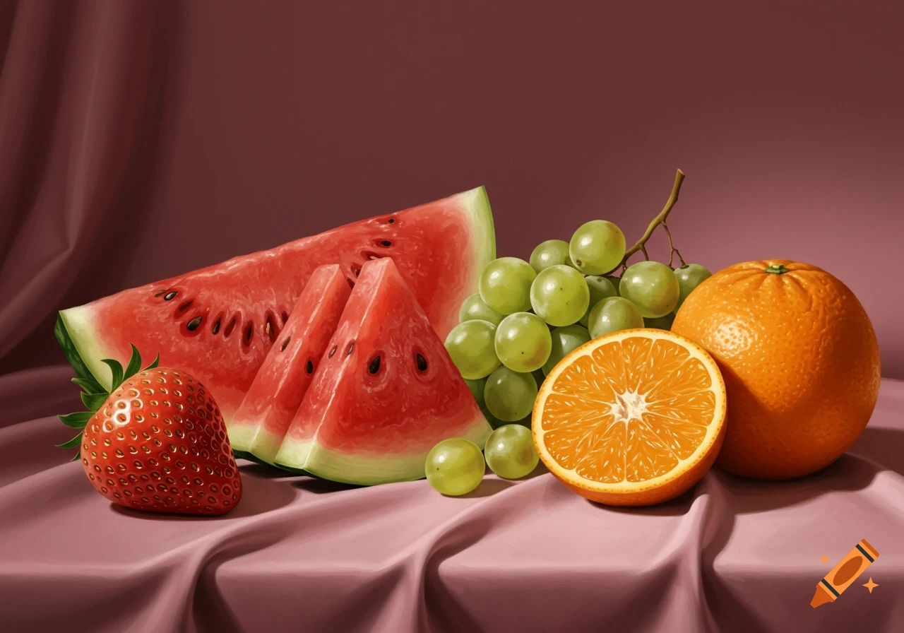 Photorealistic still life of a strawberry, watermelon slices, green grapes, and oranges on a pink tablecloth.