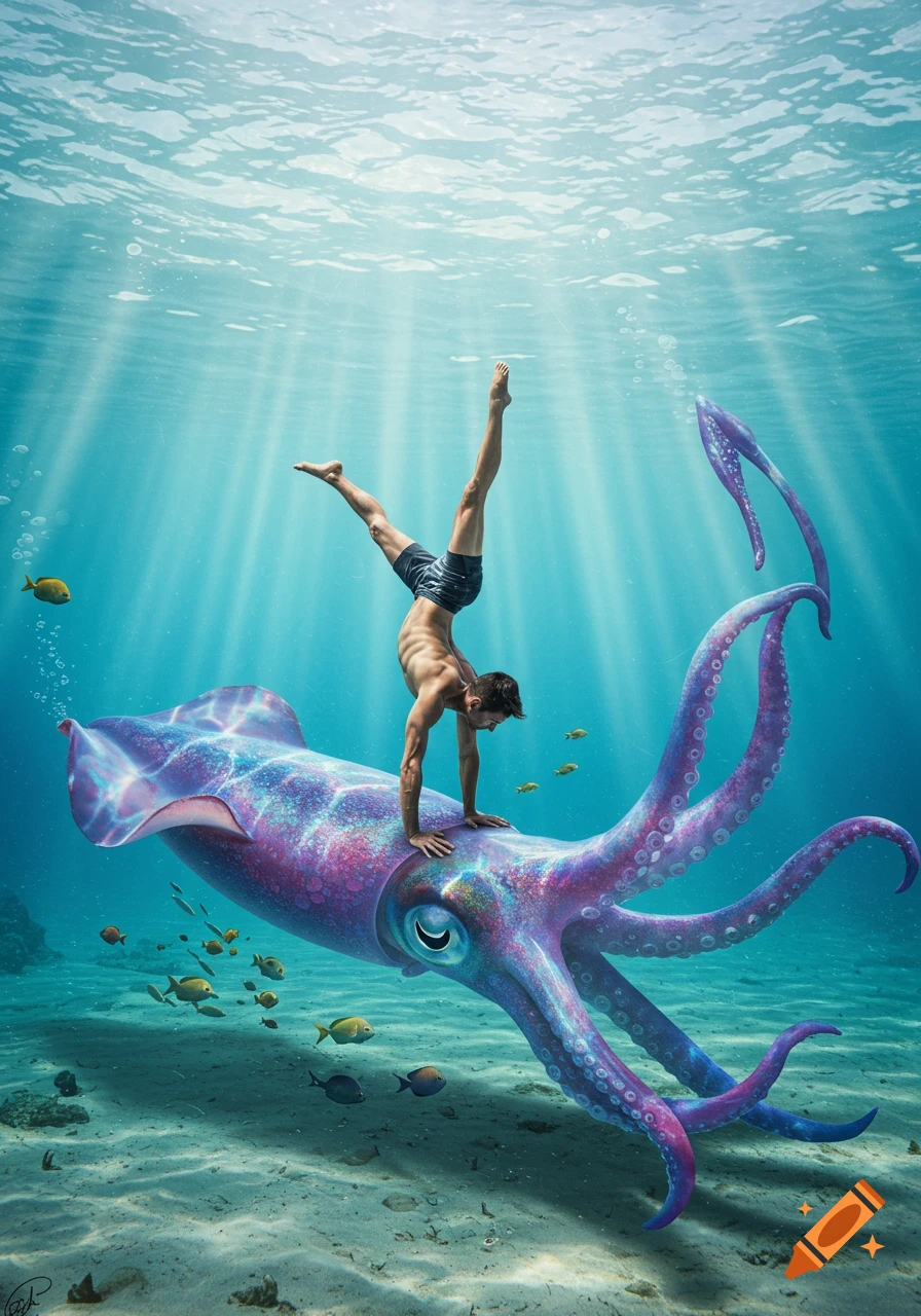 A muscular man in swim shorts performs a handstand on a large, vibrant purple and blue squid underwater, surrounded by small fish.