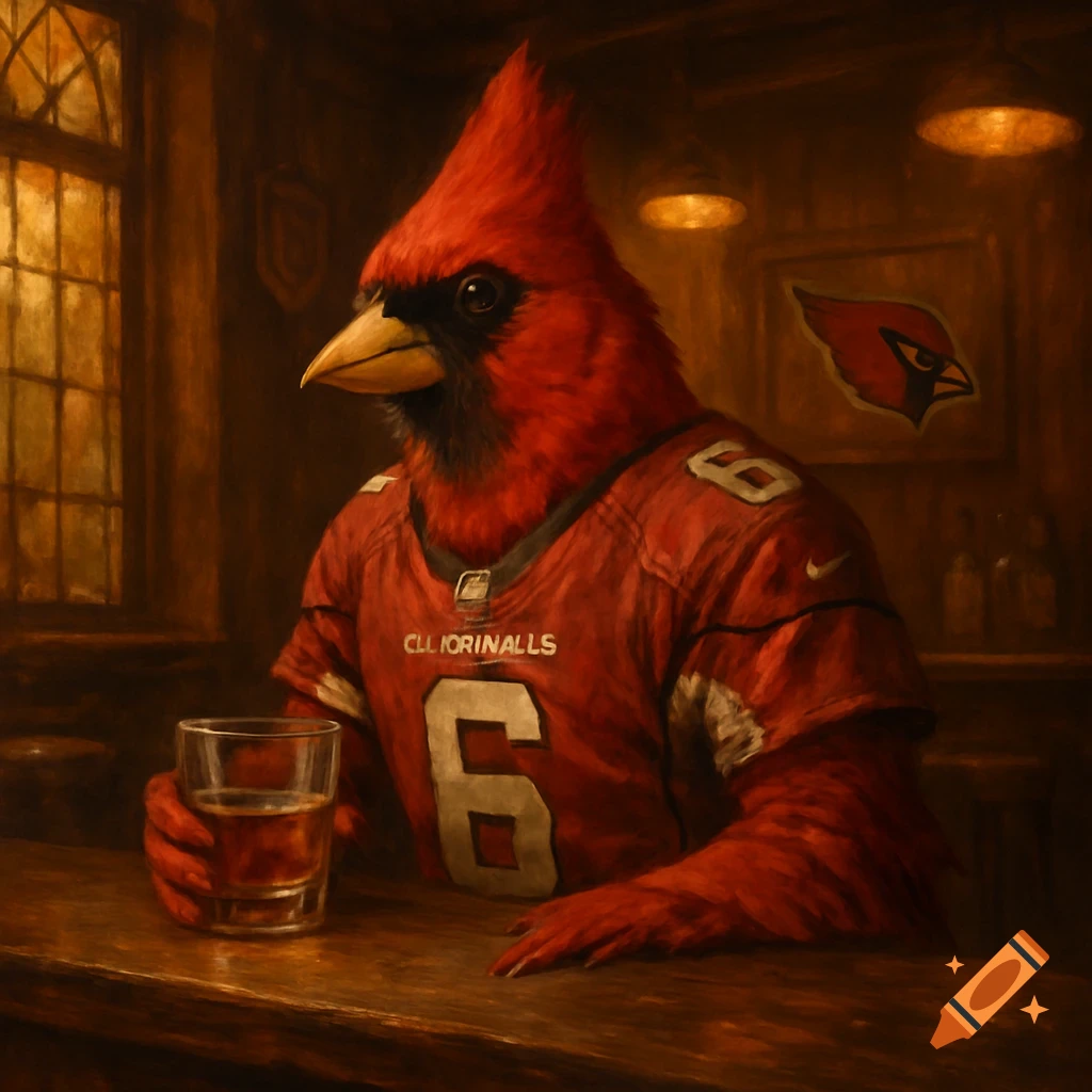 A stoic cardinal bird, dressed in a red American football jersey with the number '6' and garbled text, sits at a wooden bar counter, holding a glass of amber liquid. A blurred Arizona Cardinals logo is on the wall behind it, painted in a dark, atmospheric style.