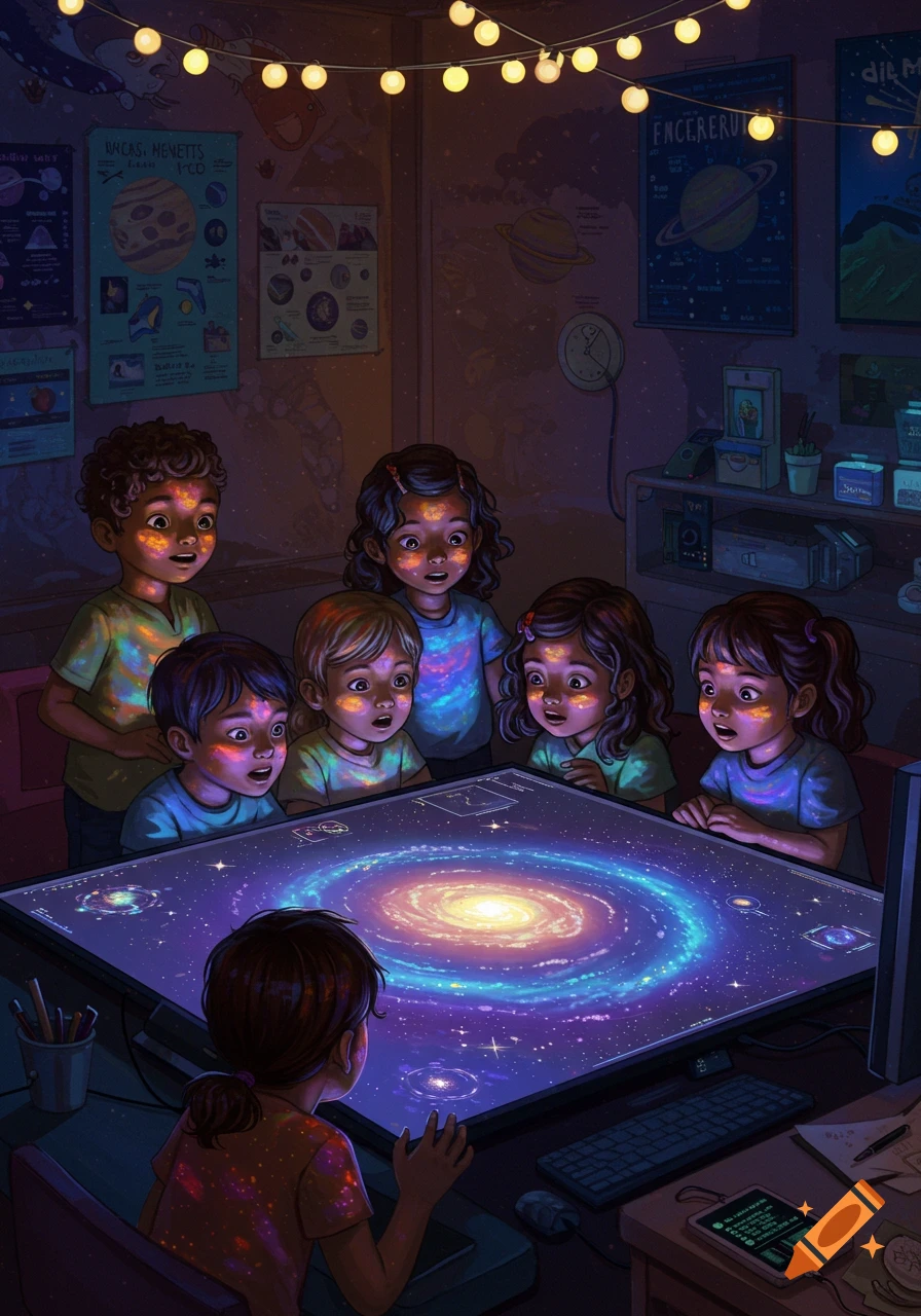 Children gathered around a glowing interactive table displaying a galaxy, in a dim room with space-themed posters.