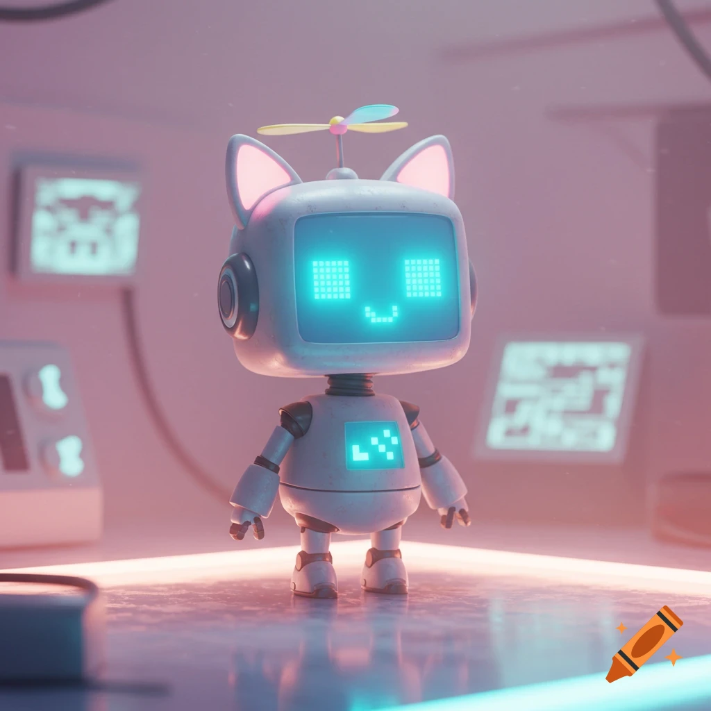 A small, cute white robot with glowing blue pixel eyes, cat ears, and a propeller stands in a pink-hued, futuristic room.