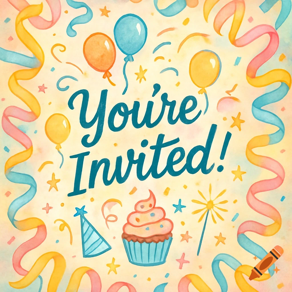 Watercolor invitation with "You're Invited!" text, surrounded by balloons, streamers, confetti, a cupcake, and a party hat.
