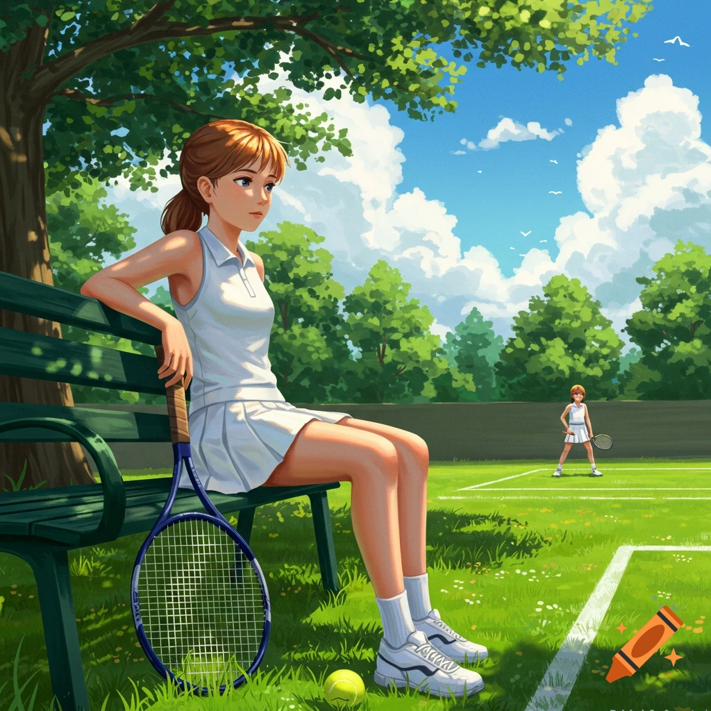 Anime girl in white tennis attire sitting on a park bench with a tennis racket, a tennis court in the background.