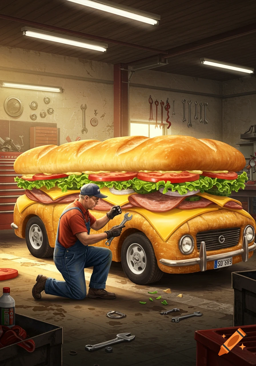 A mechanic fixes a giant submarine sandwich-car in a garage, surrounded by tools.
