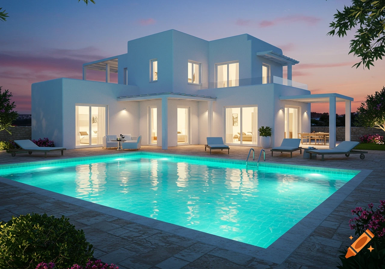 A modern white villa with an illuminated swimming pool at twilight, surrounded by lush green plants and outdoor lounge furniture.
