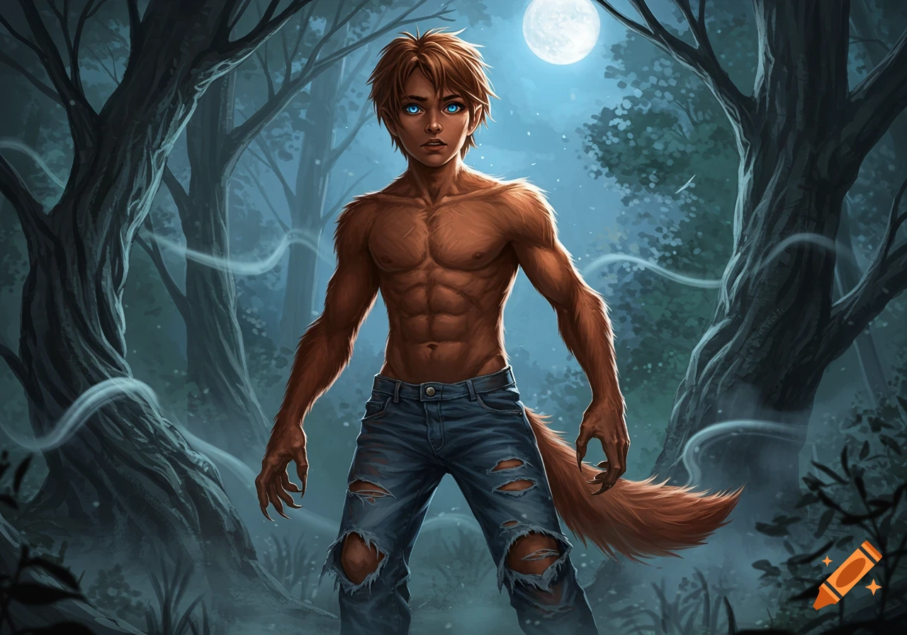 A shirtless werewolf teenage boy with glowing blue eyes and ripped jeans stands in a dark, moonlit forest.