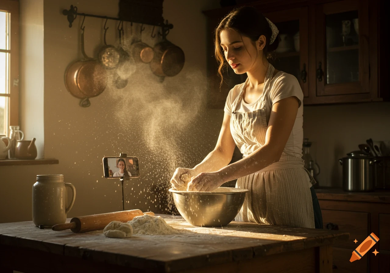 A woman covered in flour bakes in a rustic kitchen, kneading dough with flour dust in the air, while a smartphone on a stand shows a face.
