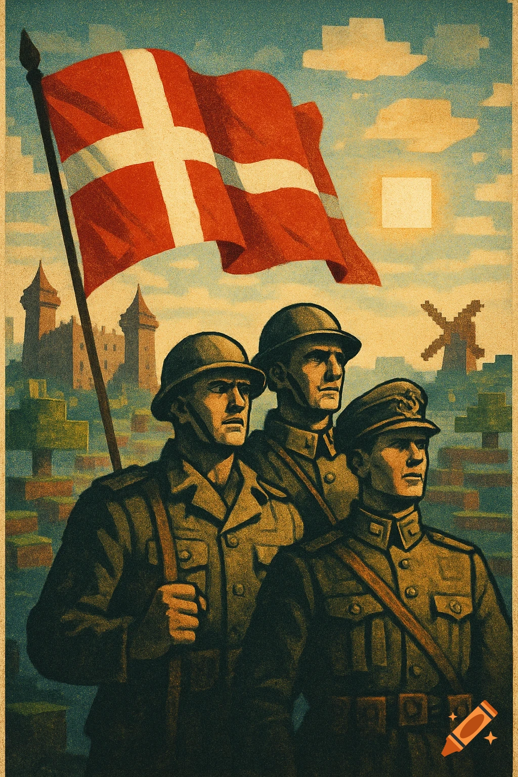 A retro propaganda poster featuring three Danish soldiers standing with a large Danish flag, set against a pixelated castle and windmill background.