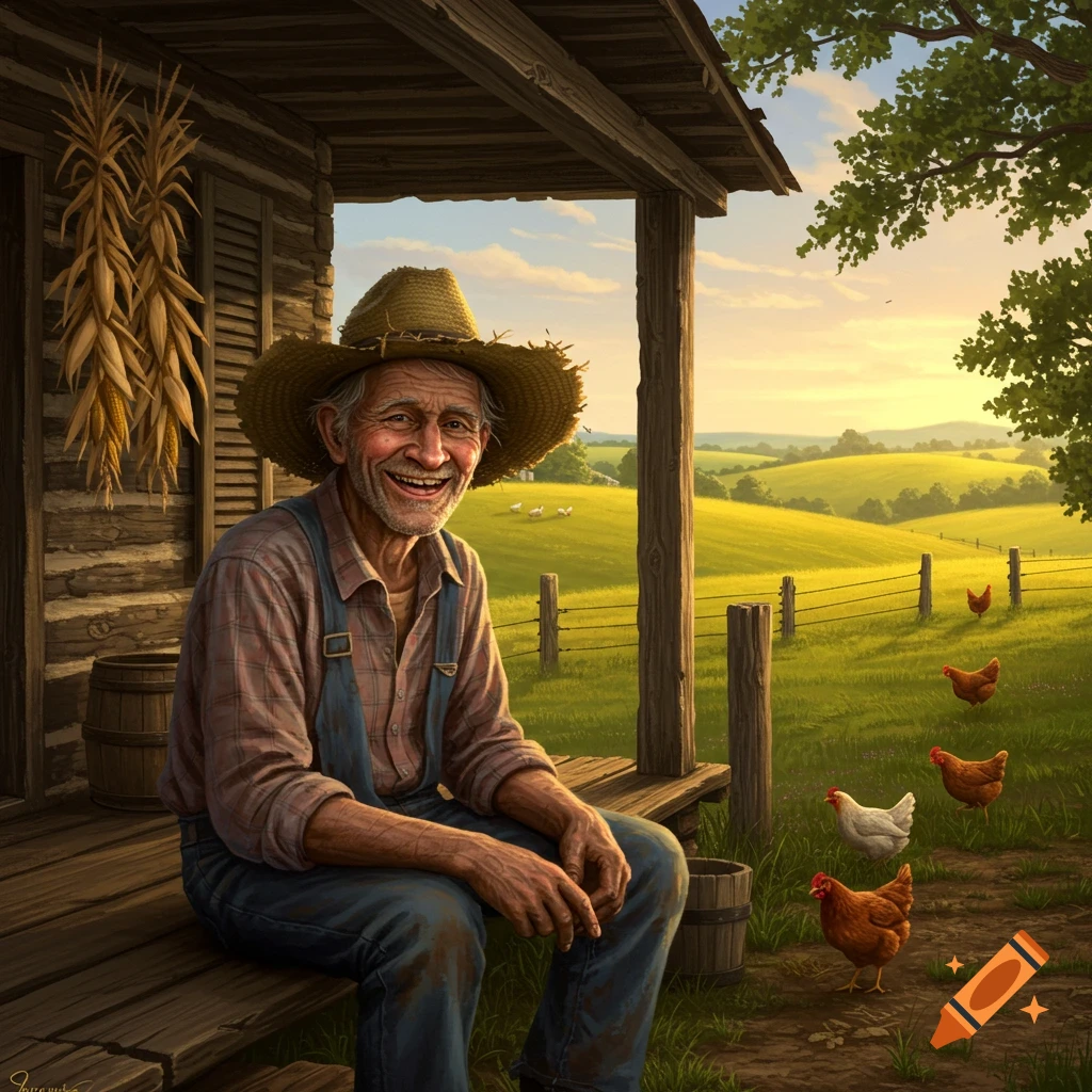 A smiling old man in a straw hat and overalls sits on a wooden porch, looking out at green rolling hills with chickens in the foreground.