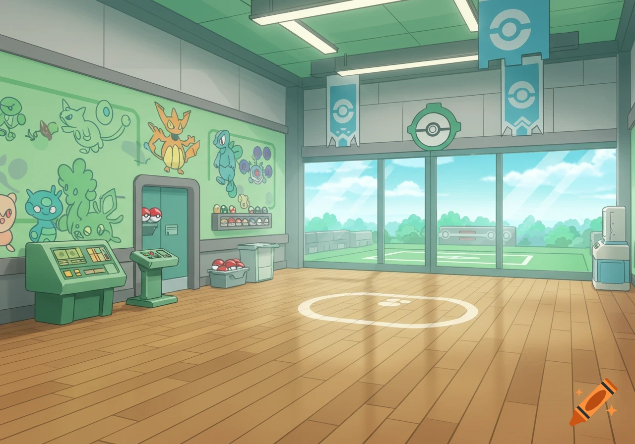 A cartoon-style Pokémon gym interior with wooden floors, green walls, windows overlooking a field, and Pokémon art and equipment.