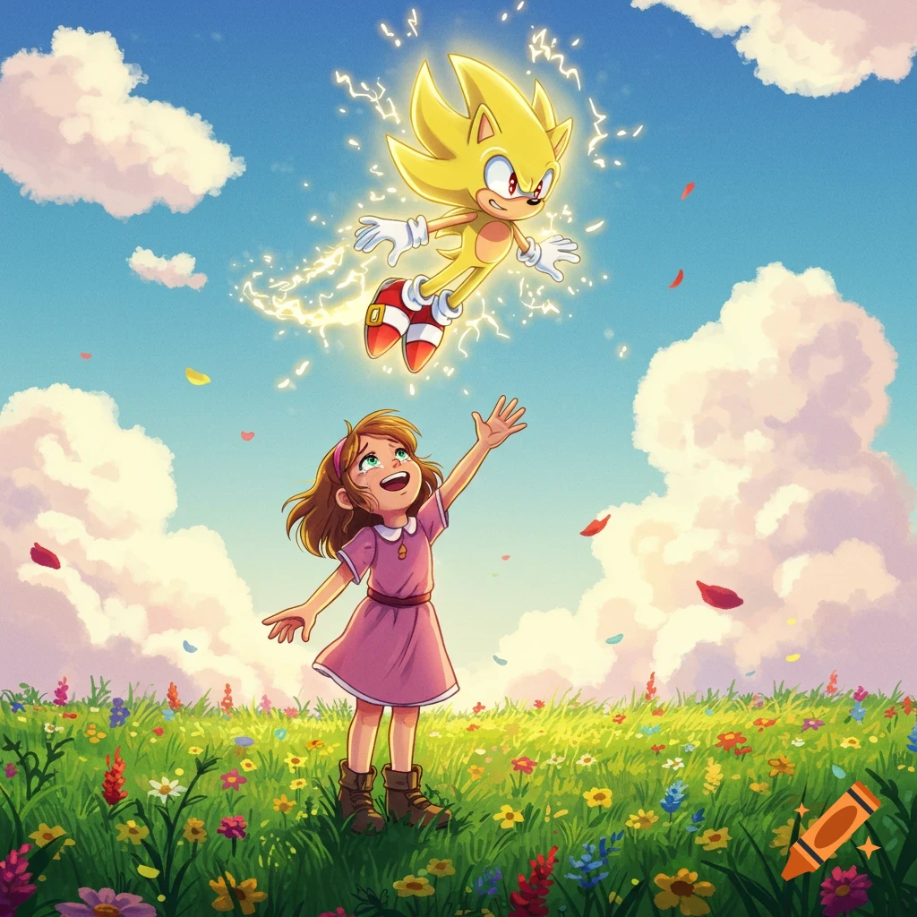 A smiling girl with tears reaches up to Super Sonic, flying and glowing with electricity above a colorful flower field on a sunny day.