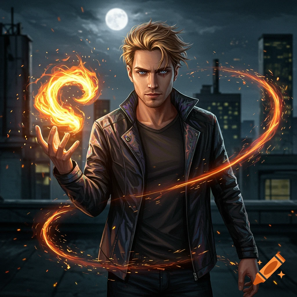 A blonde man with blue eyes and a black leather jacket conjures flame magic on a city rooftop at night, under a full moon.