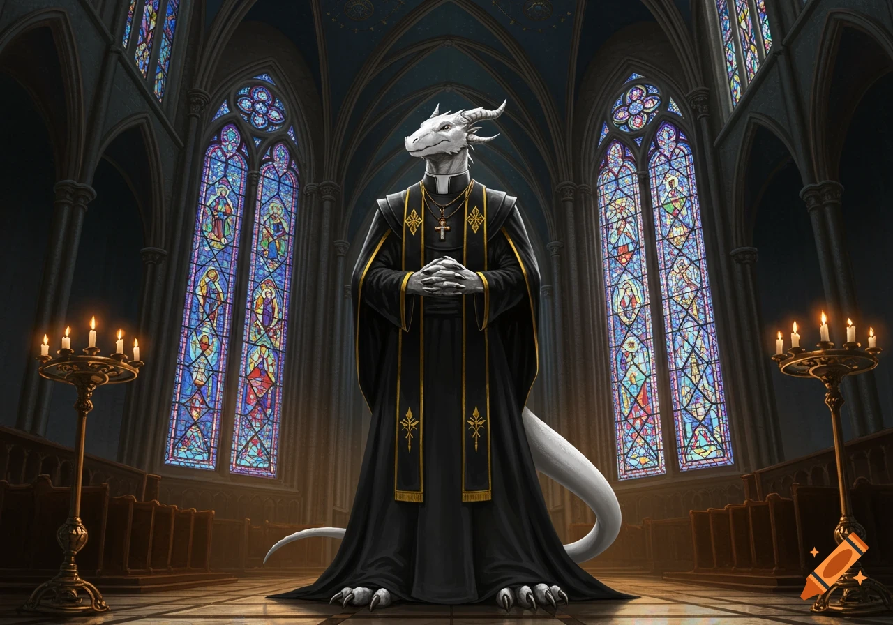 A white dragonborn priest in black robes stands with clasped hands in a grand cathedral with colorful stained glass windows.