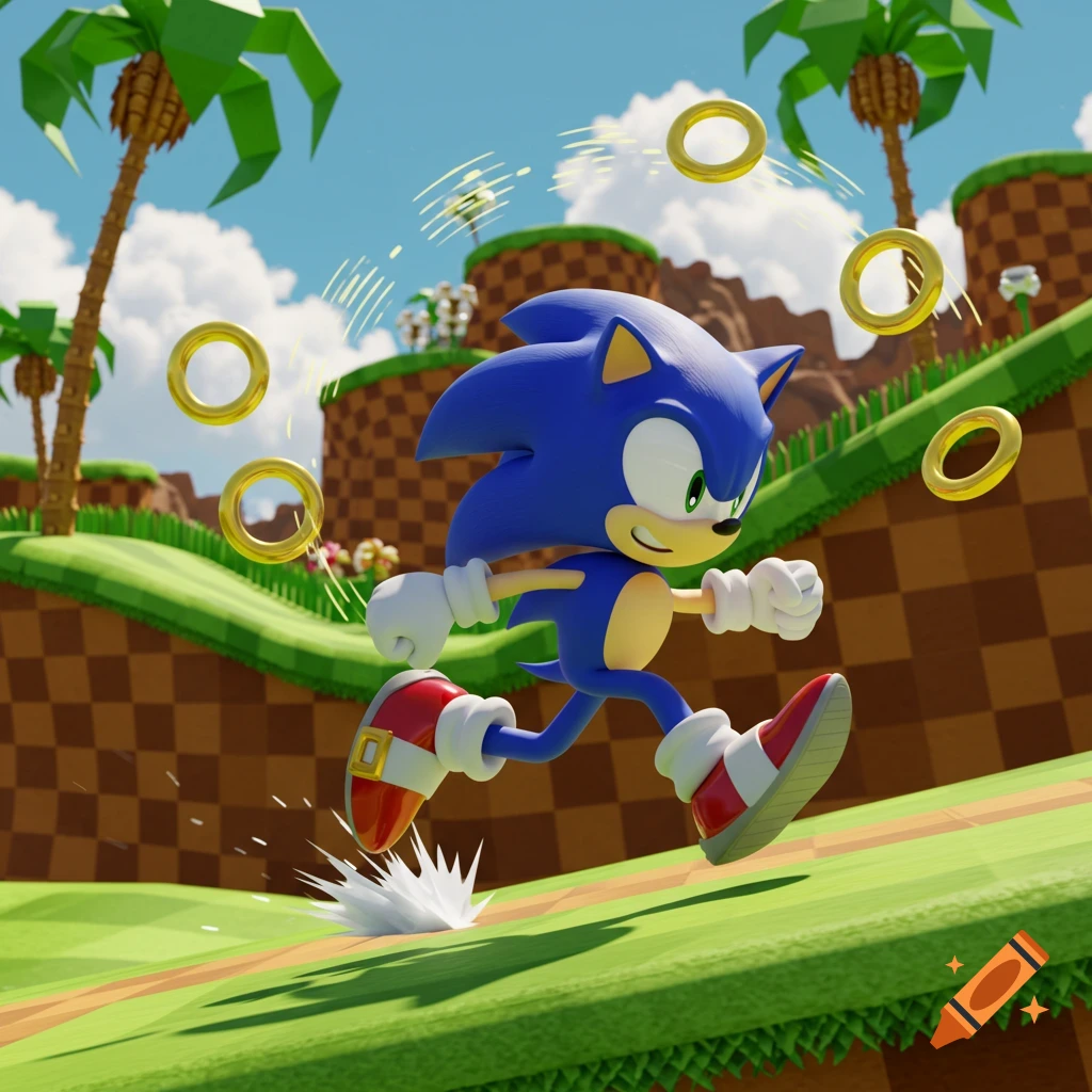 Sonic the Hedgehog, a blue cartoon character, runs through the vibrant green hill zone, surrounded by golden rings.