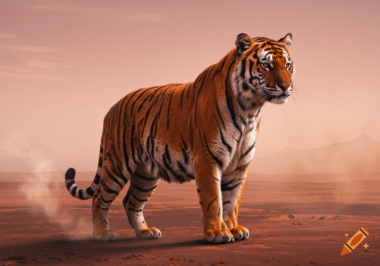 A photorealistic tiger with orange and black stripes stands in a reddish-orange desert landscape under a pale sky.