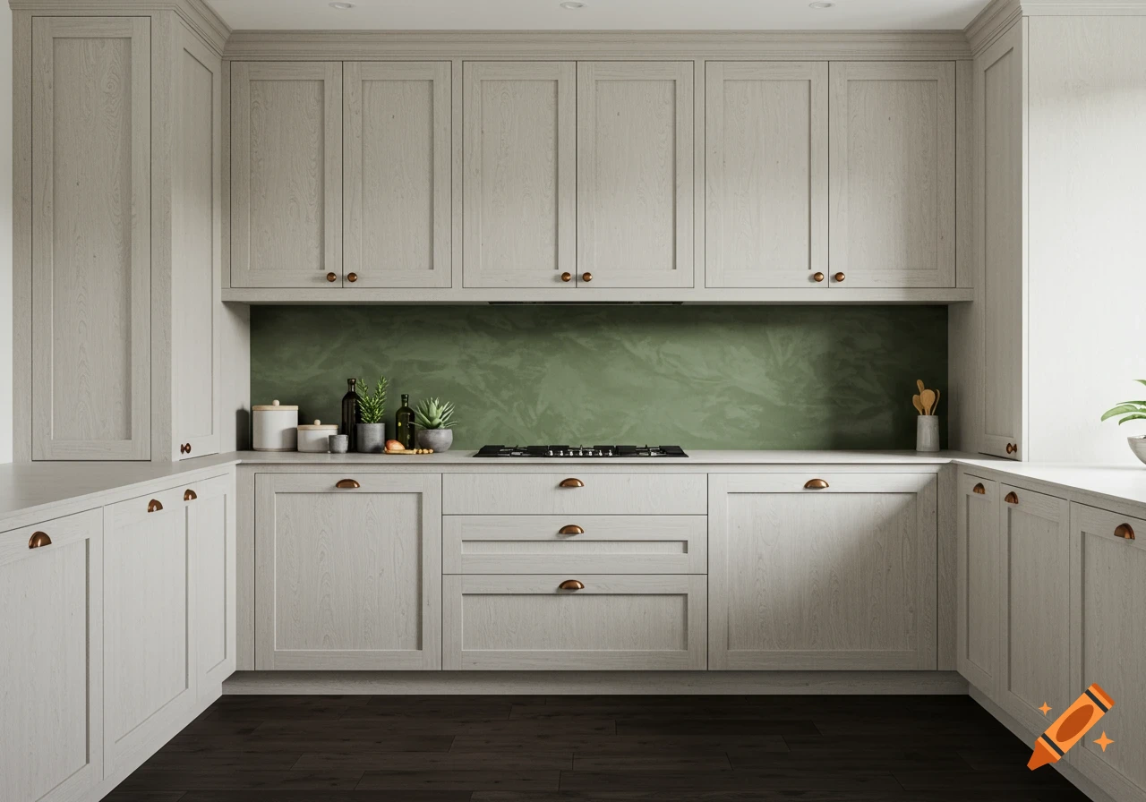 Modern kitchen with light oak cabinets, dark wood floors, sage green backsplash, and bronze hardware. Photorealistic.