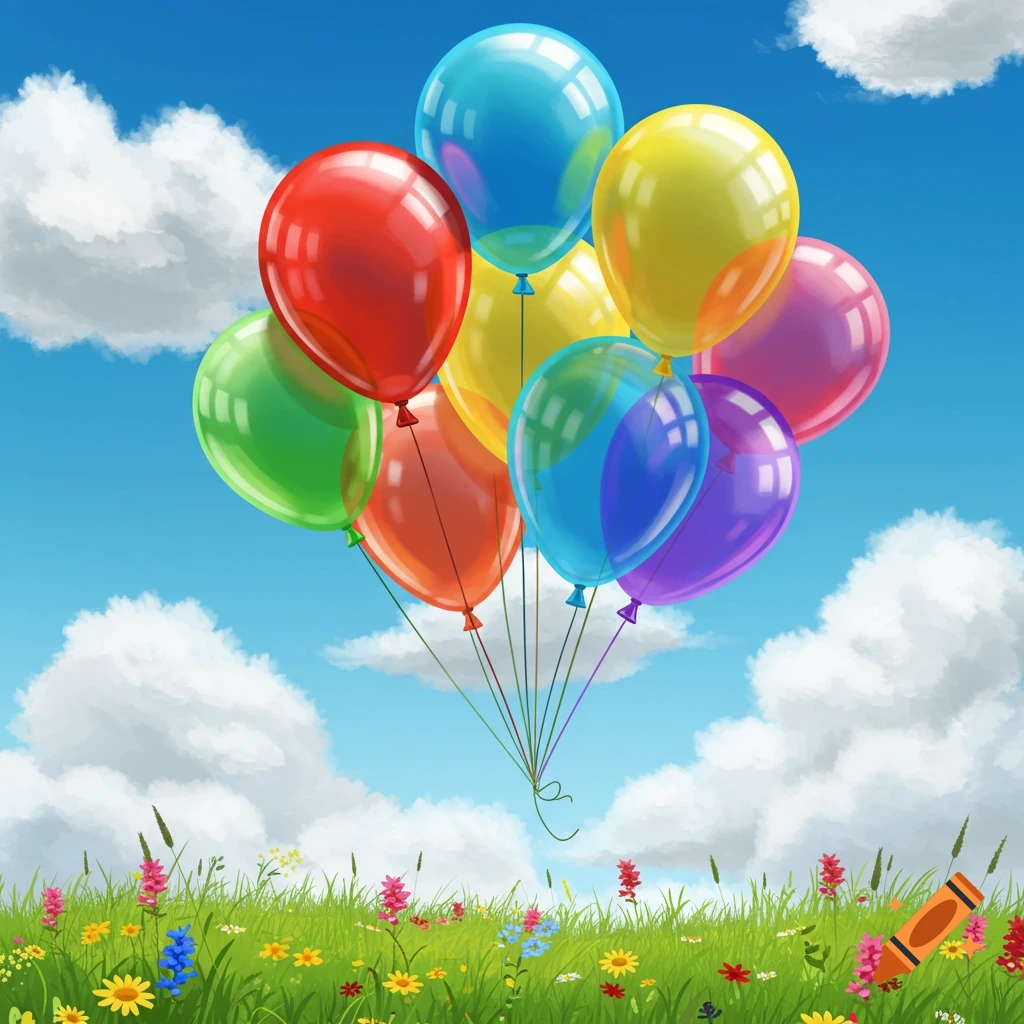 A cluster of colorful balloons floats high above a vibrant green field filled with various wildflowers, under a bright blue sky with fluffy white clouds.