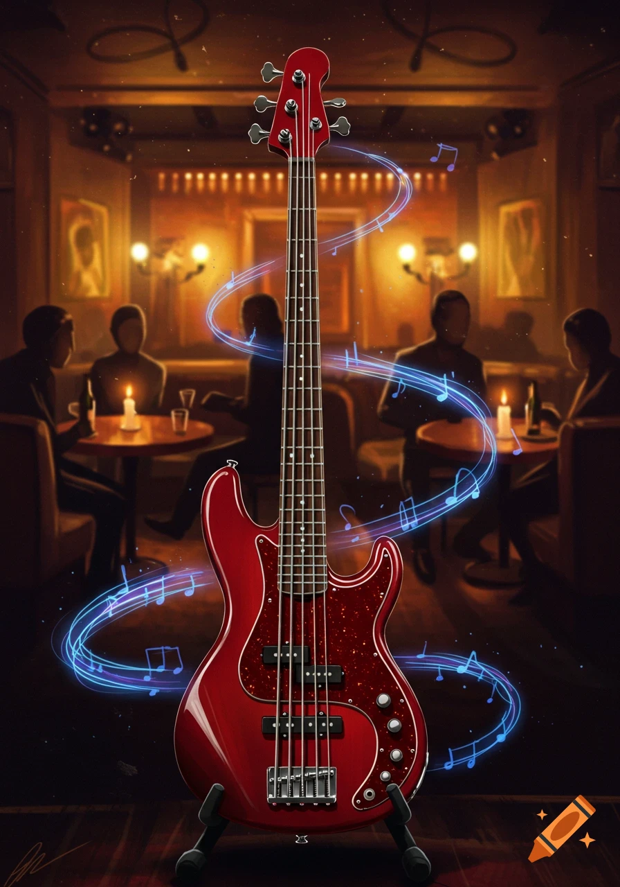 A red bass guitar on a stand, illuminated by glowing musical notes, in a dimly lit bar with blurry patrons in the background.