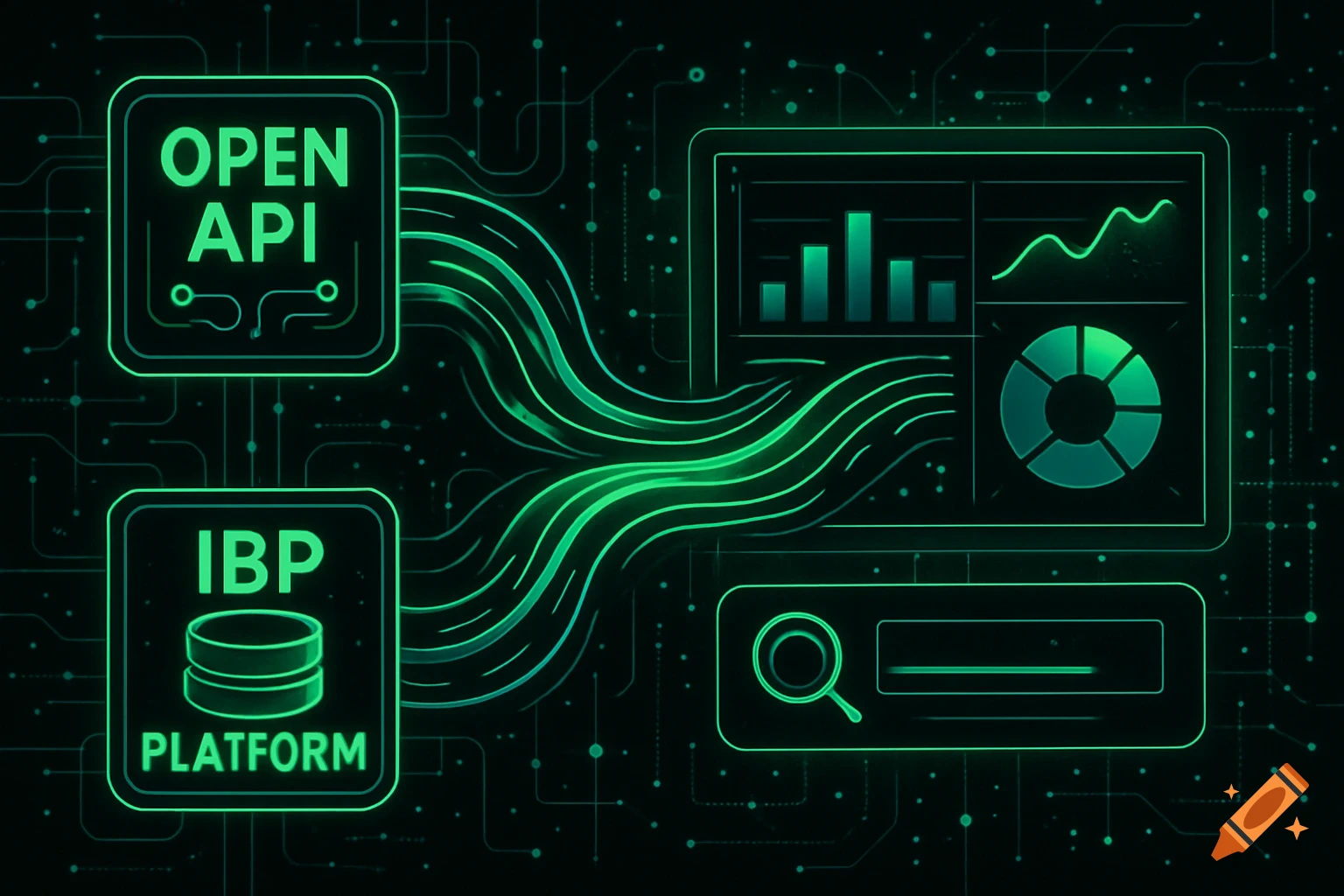 Green and black illustration of data flow from Open API and IBP platform to dashboards and search.