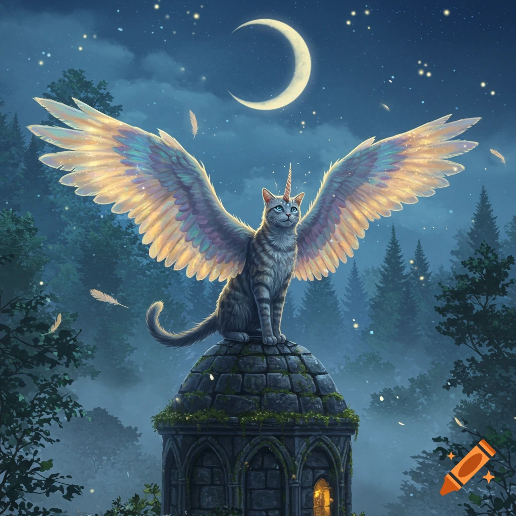 A majestic winged unicorn cat with glowing wings perches on a moss-covered stone tower at night under a crescent moon and stars.