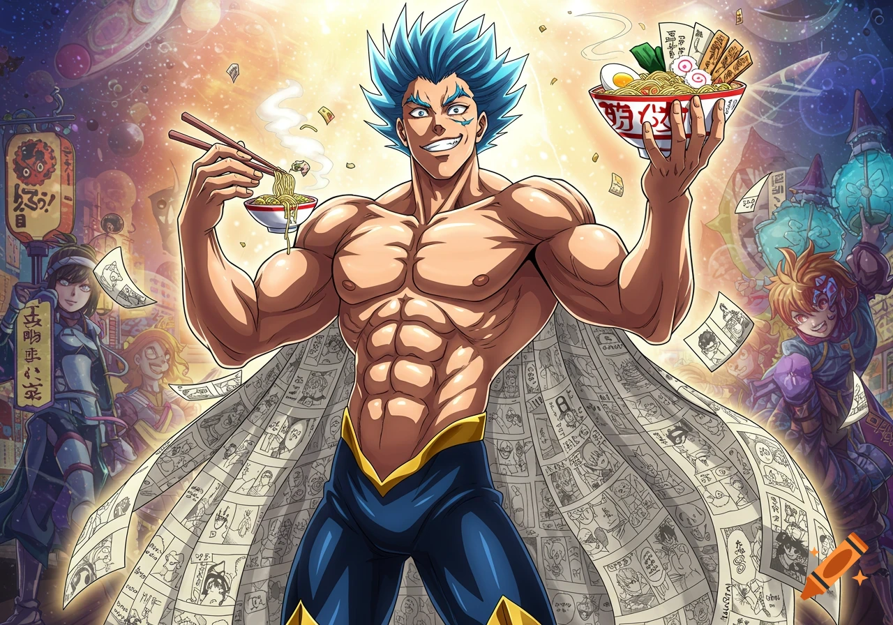 A muscular anime superhero with blue spiky hair and a manga page cape holds two bowls of ramen in a glowing, stylized fantasy world.