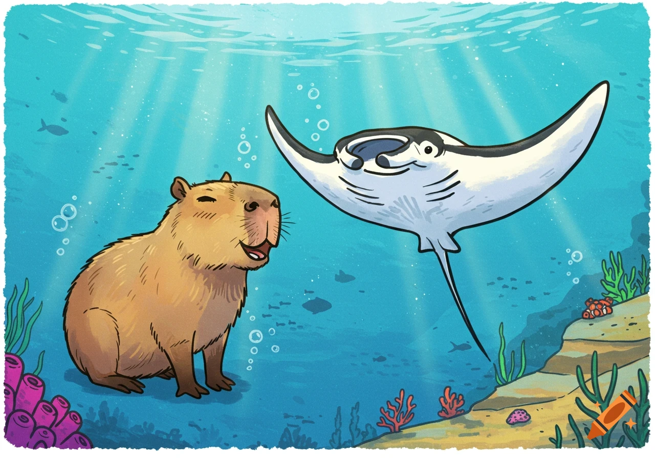 A friendly capybara and a manta ray swim together in a vibrant, sunny underwater scene in a comic art style.