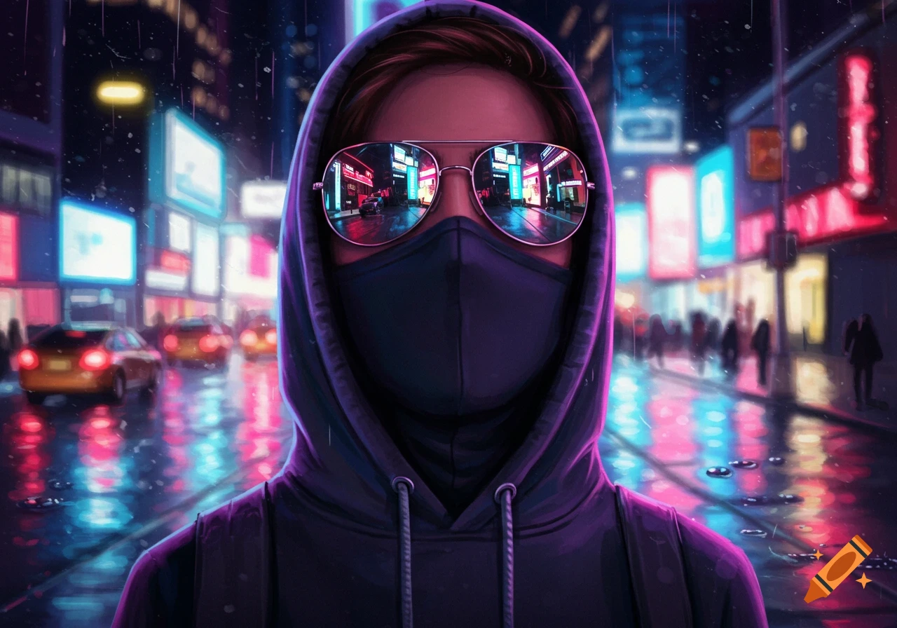 A digital art portrait of a person in a dark hoodie, face mask, and mirrored sunglasses, standing on a neon-lit city street at night. Bright reflections of the city glow in the sunglasses.