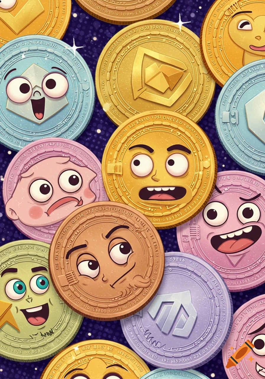 A colorful overhead view of cartoon coins with various expressive faces, some smiling, some confused, some sad, on a dark, sparkling background.