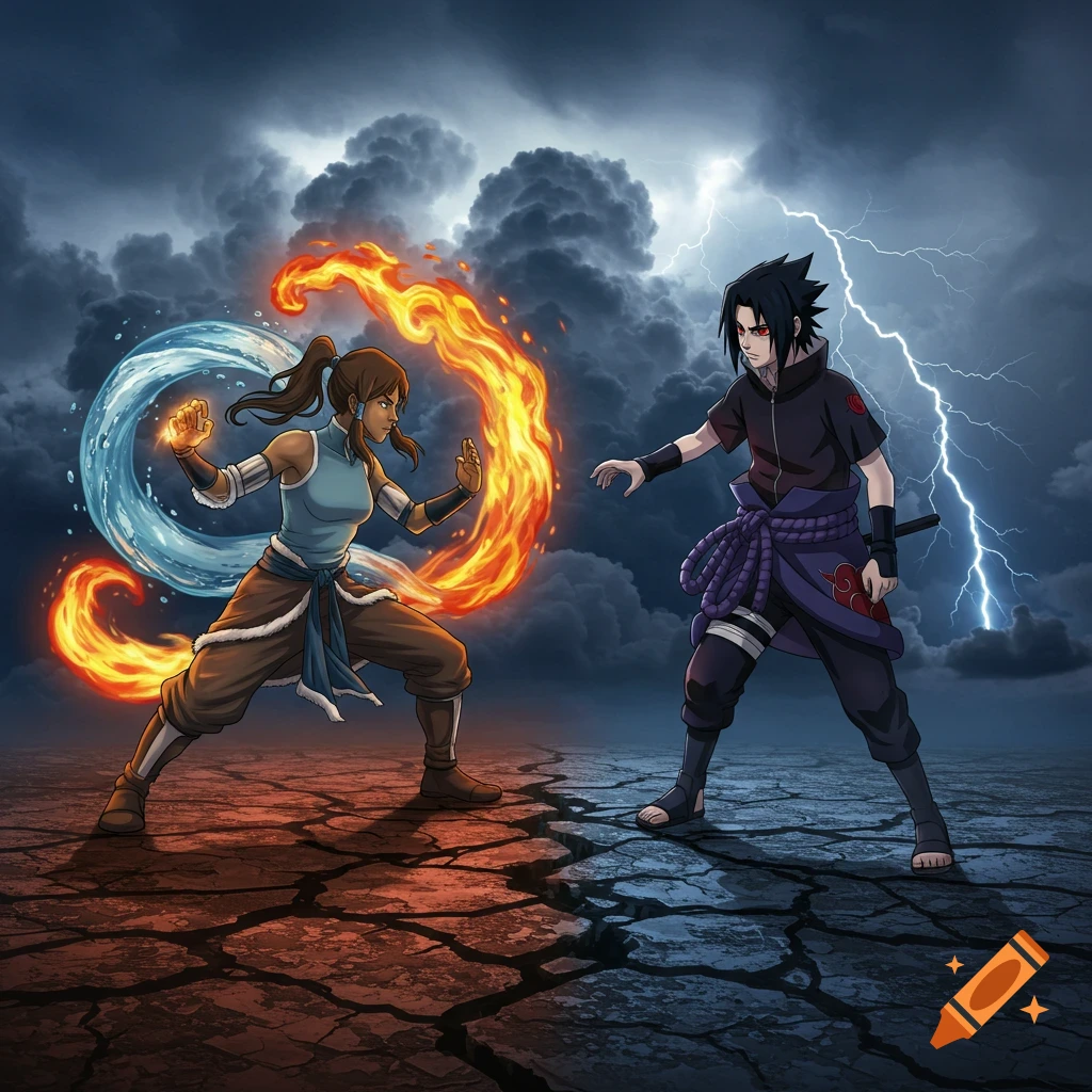Korra and Sasuke Uchiha face off in an anime style, Korra wielding fire and water, Sasuke with lightning, on a cracked battlefield under a stormy sky.