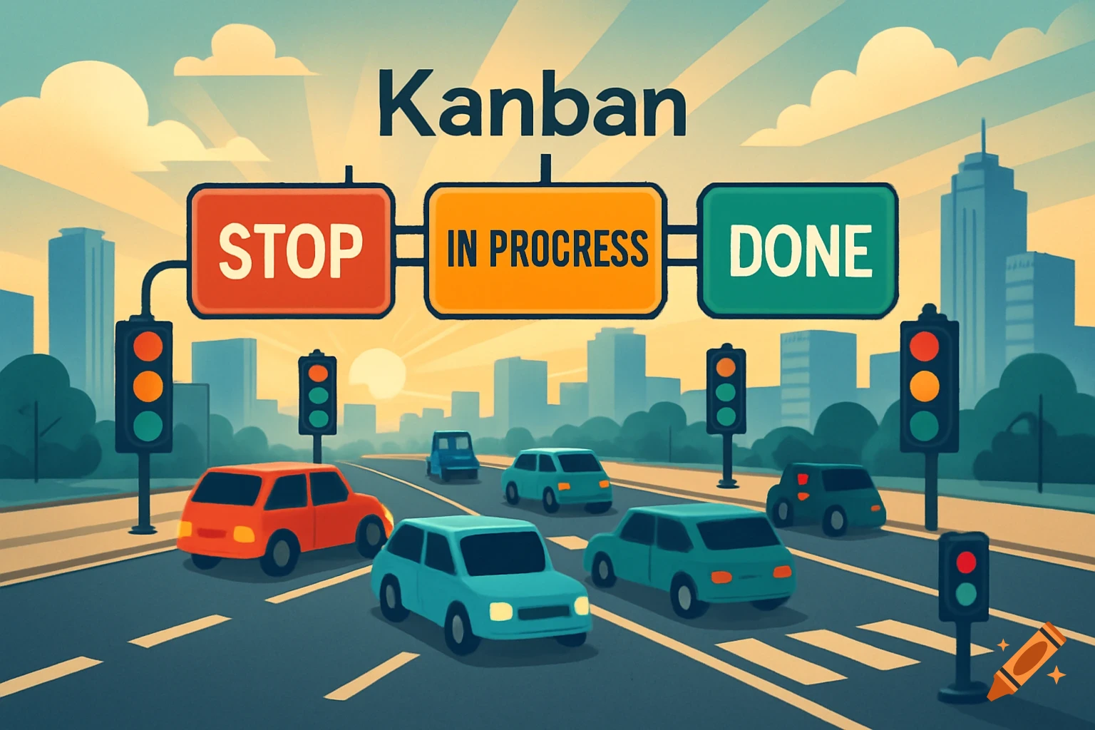 Illustration of a city road with cars and traffic lights, featuring signs for 'Kanban', 'STOP', 'IN PROGRESS', and 'DONE' above the street.