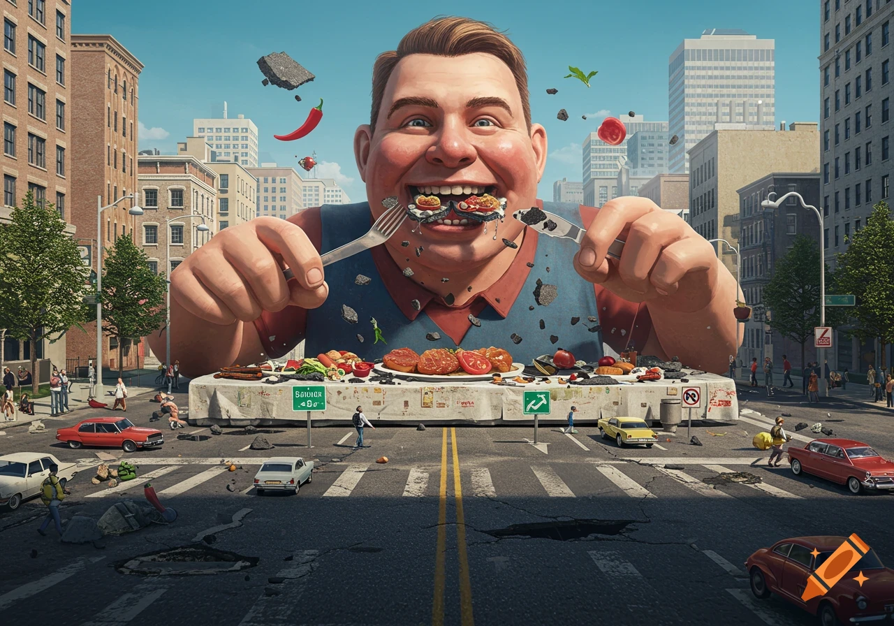 A giant, smiling man eats parts of a city road with a fork and knife, as tiny cars and people scatter below.